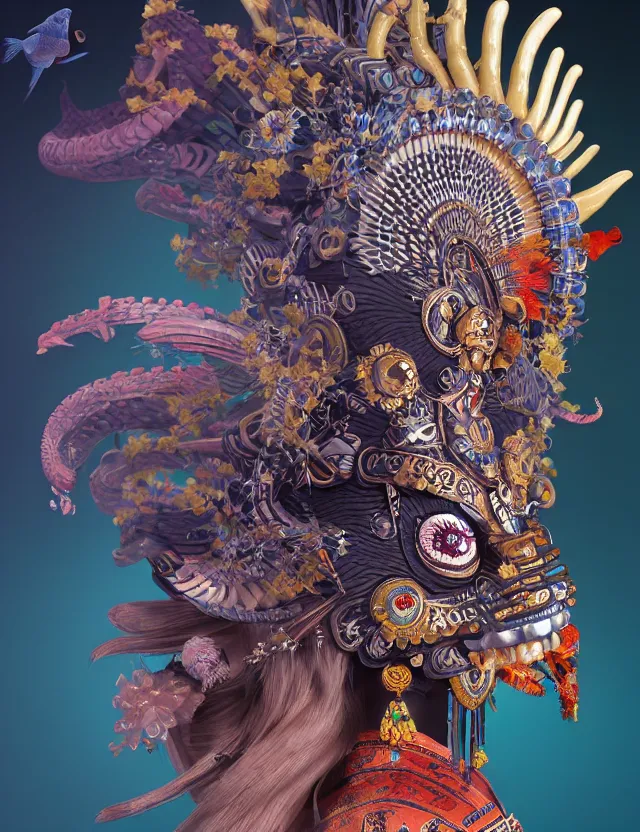 Image similar to 3 d goddess close - up profile portrait aztec with ram skull. beautiful intricately detailed japanese crow kitsune mask and clasical japanese kimono. betta fish, jellyfish phoenix, bio luminescent, plasma, ice, water, wind, creature, artwork by tooth wu and wlop and beeple and greg rutkowski