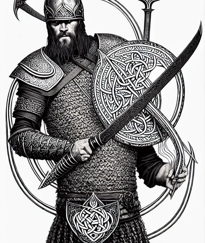 Image similar to shaded, minimalist, knotwork with center viking warrior, extremely detailed, bold line art, by vincent di fate and joe fenton and artgerm, holding shield and sword, centered, inking, etching, screen print, inkblots of color, masterpiece, trending on artstation, sharp, high contrast, hyper realistic, hd, 4 k, 8 k