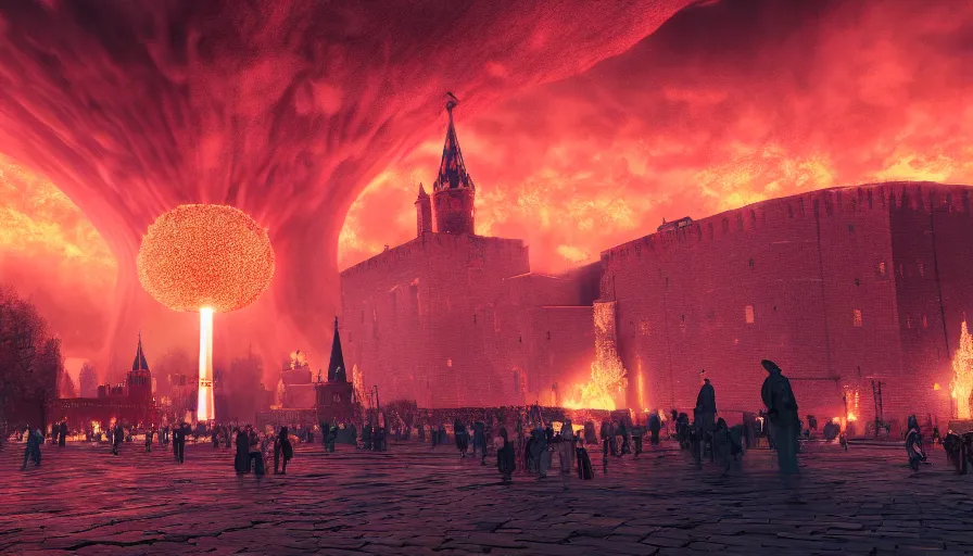 Image similar to a big nuclear explosion with realistic nuclear mushroom in Red Square Kremlin, cinematic, extremely high detail, photo realistic, cinematic lighting, post processed, concept art, artstation, matte painting, unreal engine 8k