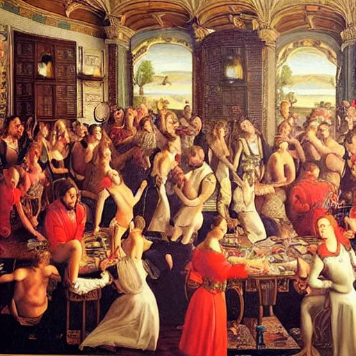 Prompt: a beautiful classic painting of people raving on house music during the Renaissance
