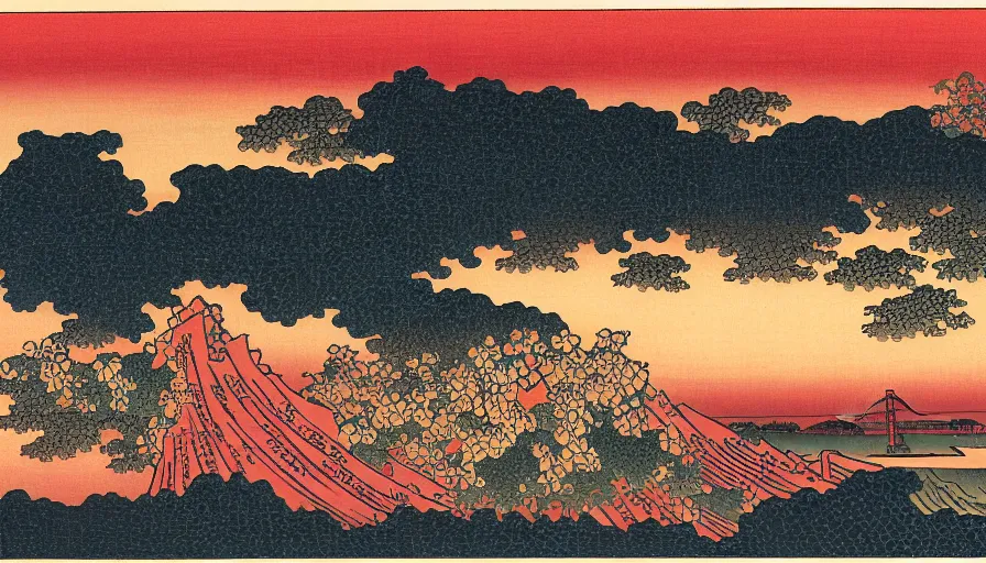 Image similar to sunset over the san francisco bay area by katsushika hokusai