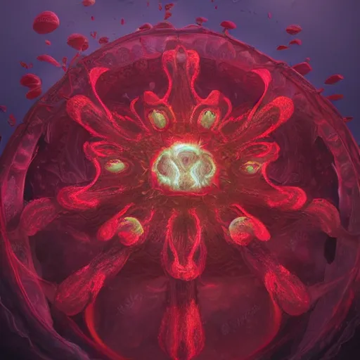 Image similar to a beautiful but creepy and haunting looking flower with a glowing red center, growing deep under the sea. Digital art, oil painting, insanely detailed and intricate, beautiful, haunting, trending on artstation, 8k hd