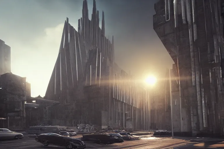 Image similar to streetscape, a towering cathedral of brutalist architecture, buildings covered with greebles, stunning volumetric light, sunset, metal, concrete and translucent material, stunning skies, majestic landscape, trending on Artstation, 8k, photorealistic, hyper detailed, unreal engine 5, IMAX quality, cinematic, epic lighting, in the style of Greg Rutkowski