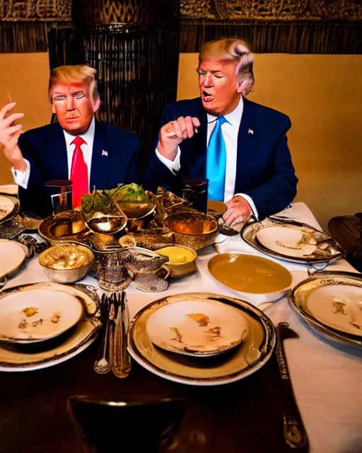 Image similar to Trump and Biden having dinner at a fancy Balinese restaurant, award winning photography, 85mm, perfect faces