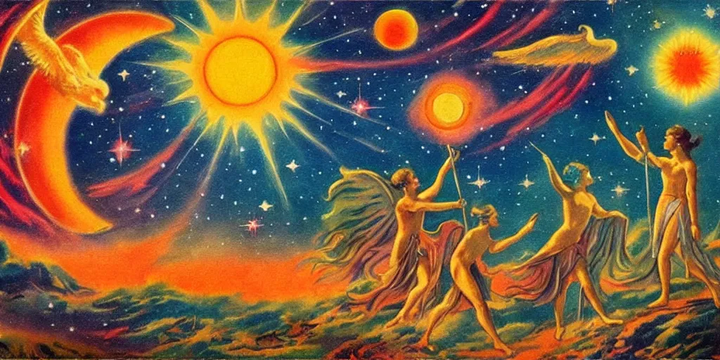 Image similar to vintage beautiful astral painting of the last buffer with the gods of sun and moon
