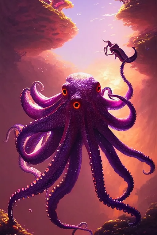 Image similar to highly detailed portrait of purple octopus playing with crab, stephen bliss, unreal engine, fantasy art by greg rutkowski, rhads, ferdinand knab, makoto shinkai and lois van baarle, ilya kuvshinov, rossdraws, tom bagshaw, global illumination, radiant light, red blue theme, coral reef