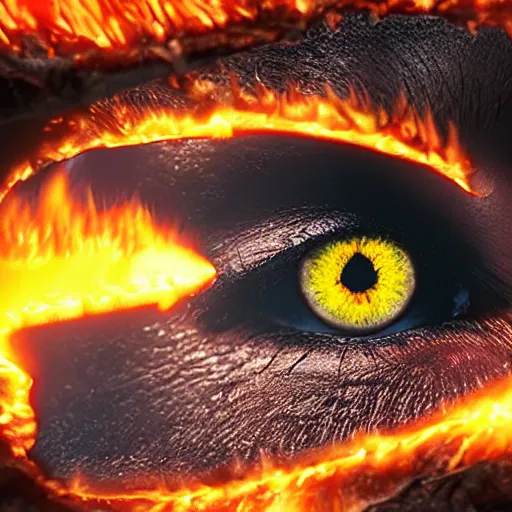 Image similar to Dark powerful creature all on fire with only one eye, destroying city, realistic photo, high detailed