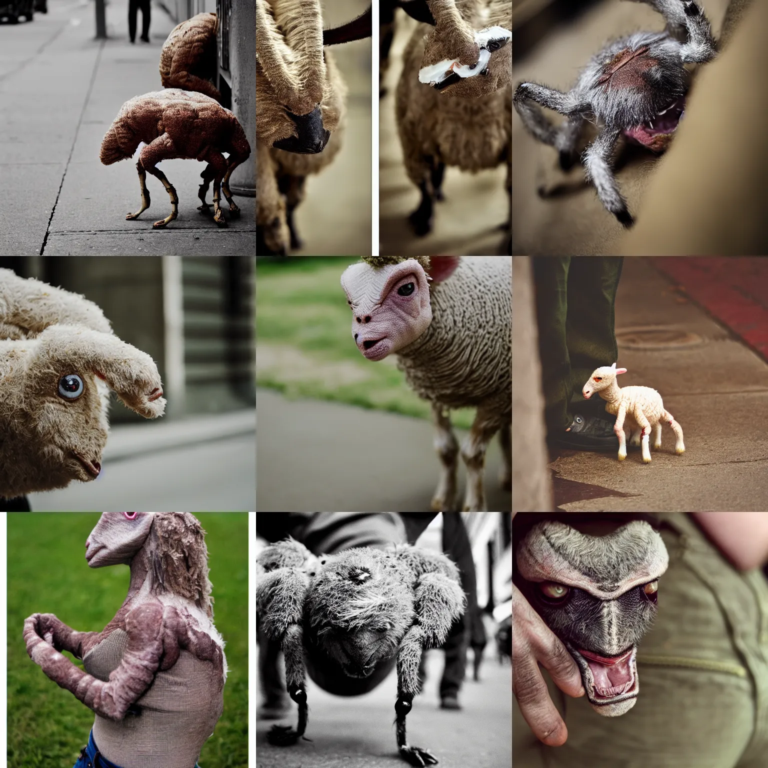 Prompt: plump spider - lamb creature with mane devouring a pair of khaki pants, crisp details, photorealistic, anatomical, biological, street photography, 3 5 mm, film grain, f 1. 4, shallow depth of field