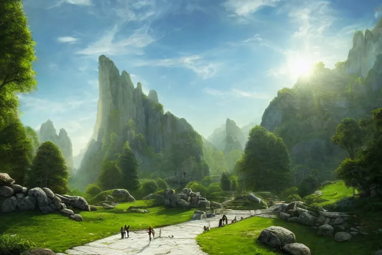 Prompt: White monoliths surging with magical runes at the bottom of green hills with white stone pathwalks surrounded by a moat, clear blue skies in the background, by Thomas Kincade, Richard Sigamani, 8k photorealistic, cinematic lighting, HD, high details, concept art, trending on artstation
