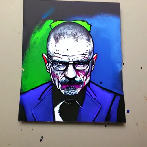 Image similar to walter white wearing the joker suit, dripping paint