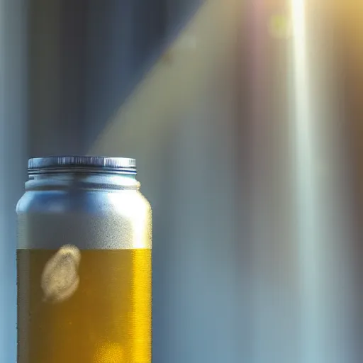 Prompt: light refraction through a moving, half full Club Mate bottle, photograph, sunshine, office desk