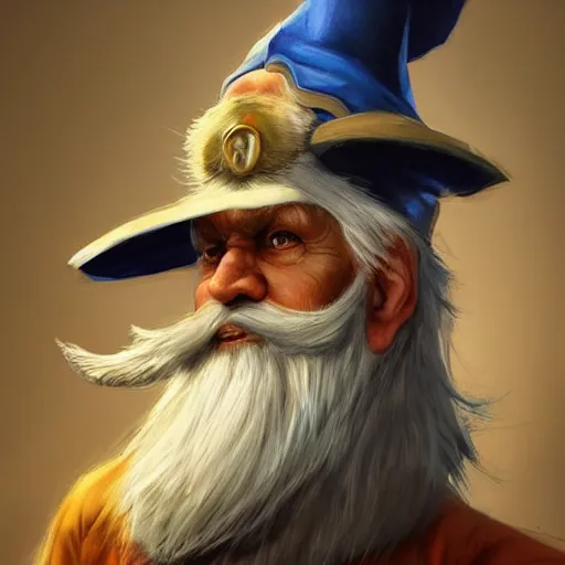 Prompt: a kind old wizard with a long white beard looking a confused with a chicken perched on top of his hat, blue robe, realistic, detailed, trending on ArtStation, by Tony Sart
