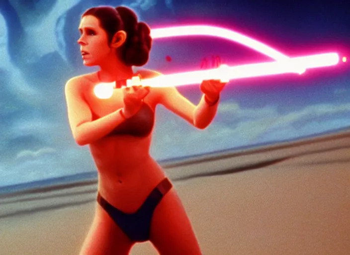 Image similar to glamour portrait of Princess Leia, played by Carrie Fischer, in thin bikini lightsaber training on beach planet, iconic scene from the 1980s film directed by George Lucas, cinematic lighting, hyper real, stunning cinematography, with anamorphic lenses, crisp, detailed portrait, 4k image
