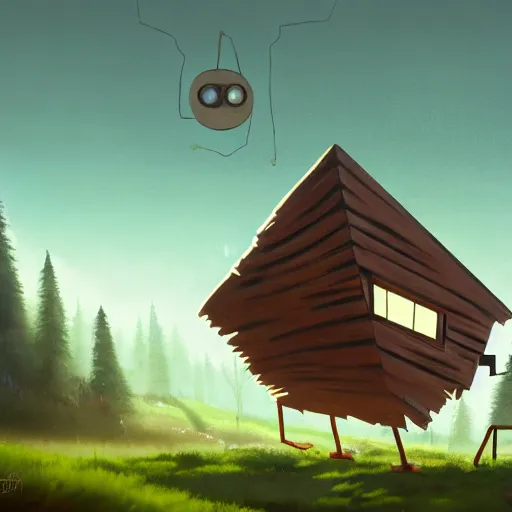 Image similar to a walking wood and metal house with two mechanical legs and one big eye, smoky chimney, rust, hyperrealistic, highly detailed, cinematic, single ray of sun, morning, pareidolia, dynamic composition, gravity falls style, ghibli style, beautiful, pine trees in the background, cgssociety, artstation, 8 k, oil painting, digital art