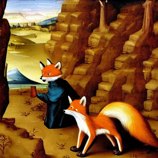 Prompt: an anthropomorphic furry Fox explores a Dungeon, Renaissance Painting