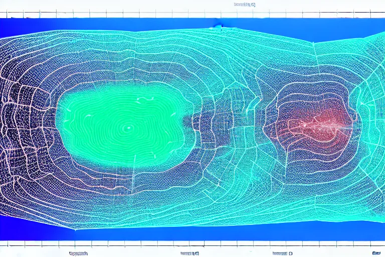 Prompt: topographical map of a complex cave system made out of multiple overlays of complex scientific data visualized on top of each other, bar charts, plexus, thick squares and large arrows, waveforms on top of square charts, gaps and pauses, space molecules, radio signals, negative space