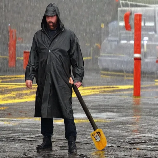 Prompt: christian bale in a clear rain coat holding an axe hd