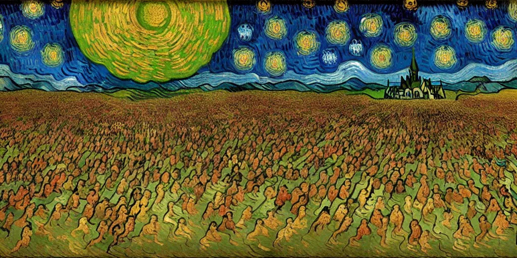 Image similar to the moment of victory of heaven forces in last judgment day, style of edgar allan po and vincent van gogh