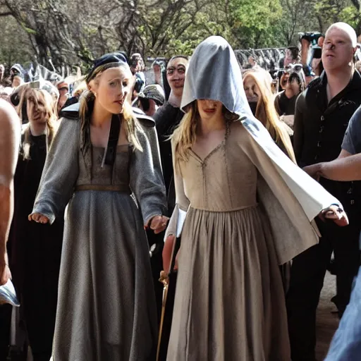 Image similar to Amber Heard as Joan of Arc being led to the gallows, she is wearing prison rags, she is laughing, the crowd is cheering