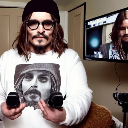 Image similar to Chubby Johnny Depp as Jesus Christ wearing a brown beanie as a YouTuber doing a Livestream