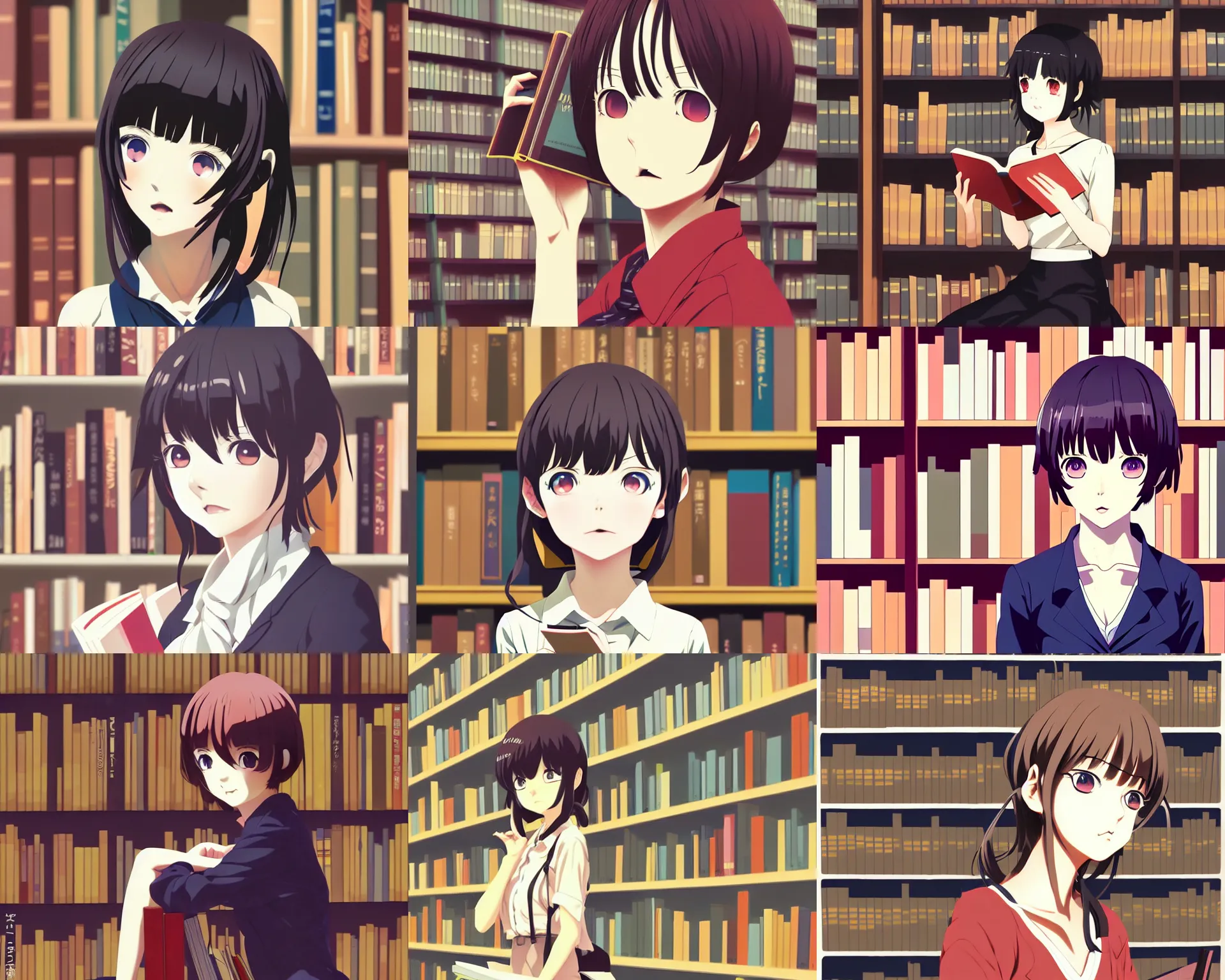 Prompt: anime visual, portrait of a young female traveler in library interior reading, cute face by ilya kuvshinov, yoh yoshinari, dynamic pose, dynamic perspective, cel shaded, flat shading mucha, rounded eyes, moody, psycho pass, kyoani, paprika