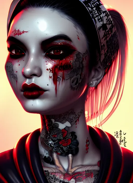 Image similar to geisha yakuza gothic cyborg cyberpunk gutter punk, urban decay, decay, underworld, dark art, highly detailed, digital painting, octane render, artstation, concept art, smooth, sharp focus, illustration, art by artgerm, loish, wlop