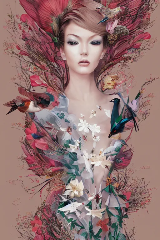 Image similar to full length fashion illustration of a beautiful girl wearing an origami dress, eye - level medium shot, fine floral ornaments in cloth and hair, hummingbirds, elegant, by eiko ishioka, givenchy, by peter mohrbacher, centered, fresh colors, origami, fashion, detailed, serene, dreamy, vogue, japanese, reallusion character creator