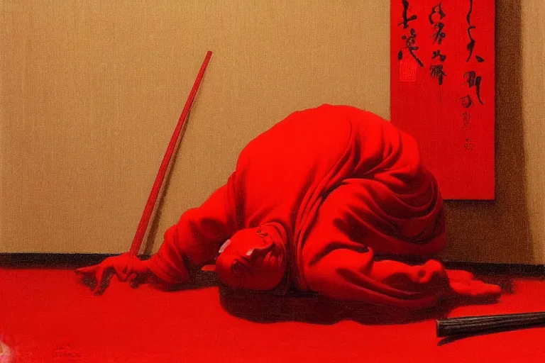 Image similar to only with red, a red samurai do seppuku, tokio, a lot of frogs watch, in the style of beksinski, parts by edward hopper, parts by rodcenko, parts by yue minjun, intricate and epic composition, red by caravaggio, insanely quality, highly detailed, masterpiece, red light, artstation, 4 k