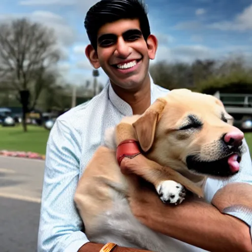 Image similar to rishi sunak holding a dog, photorealistic