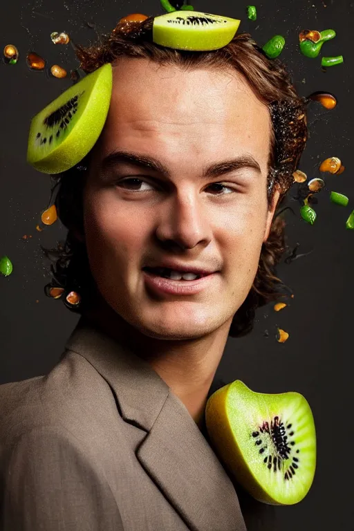 Image similar to 📷 joe keery kiwi fruit face 🥝, made of food, head portrait, dynamic lighting, 4 k