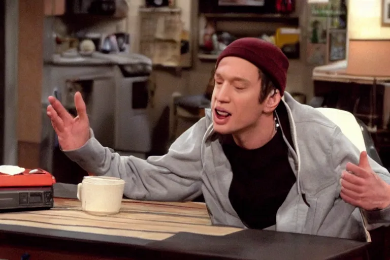 Prompt: eminem rapping in episode of that 7 0 s show, hd image