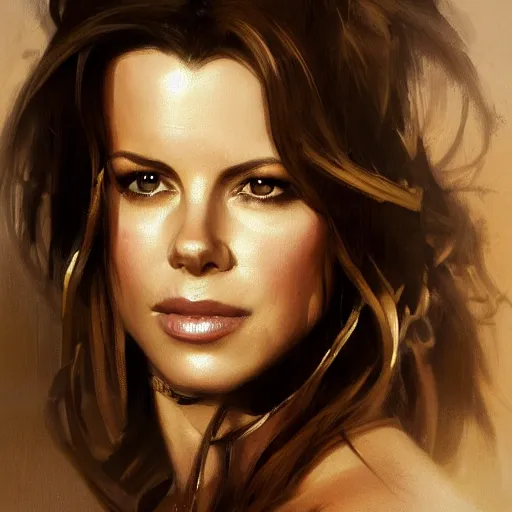 Image similar to closeup portrait of a kate beckinsale, seductive smile, soldier, army chiaroscuro, evil dead,, golden hour, dramatic lighting, complementary contrast, high detail, painted by greg rutkowski, painted by igor kieryluk, trending on artstation