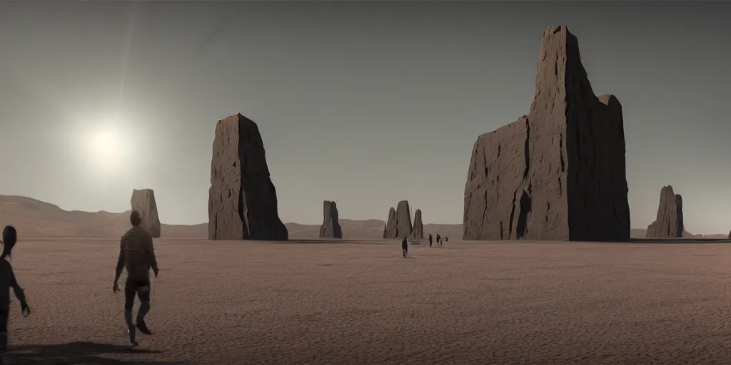 Prompt: an enormous alien black monolith in the desert, a large line of people are walking toward it in a line! starting at the foreground and ending at the building, single file, in the foreground on a rock is an alien creature catching a fly with its tongue, two suns are in the sky, clear skies, volumetric light, hyperdetailed, artstation, cgsociety, 8k