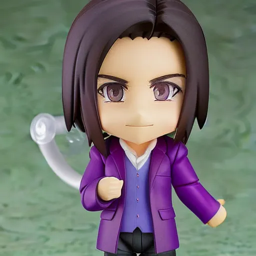 Image similar to nendoroid of a man with green long messy hair, purple eyes, round eyebrows and purple clothes