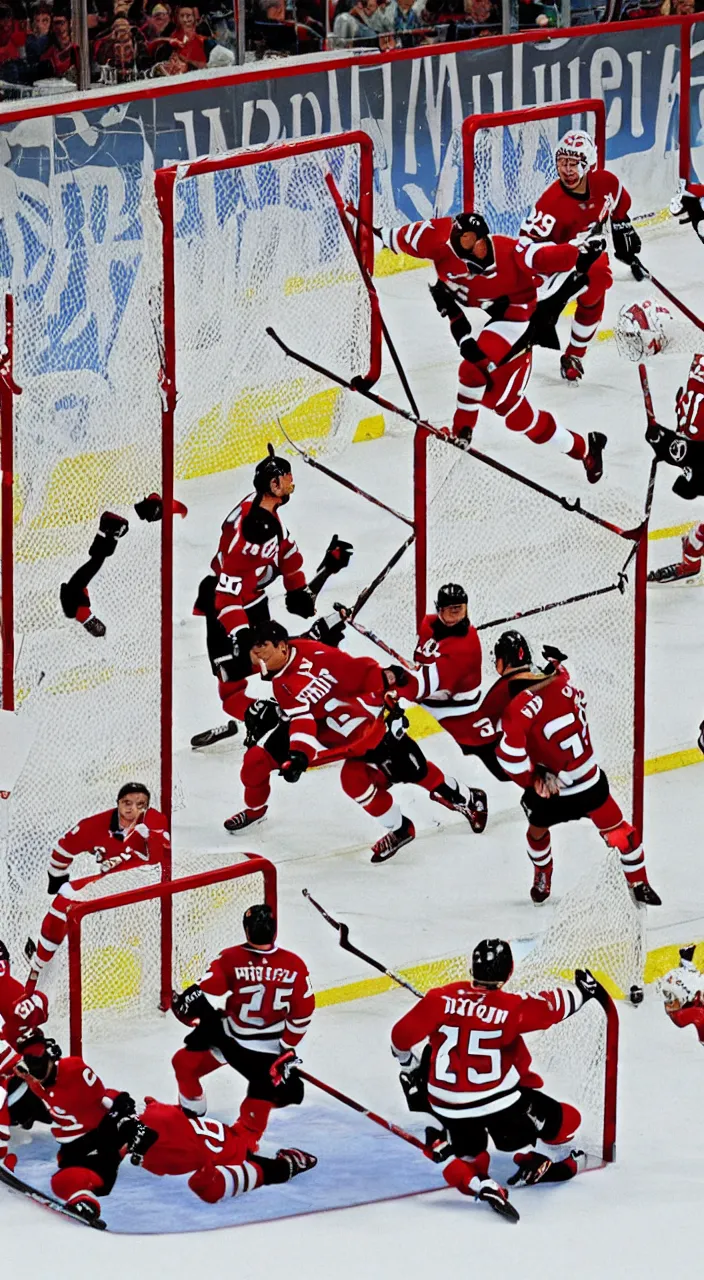 Image similar to 3 5 mm photograph of the new jersey devils hockey team scoring goals, realistic, highly detailed, color