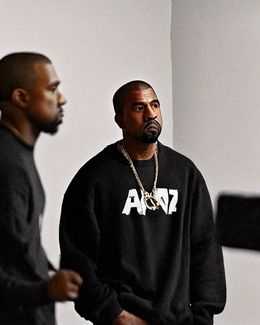 Image similar to paparazzi sneak photo of Kanye West wearing all black clothes in the studio with Jay-Z, the studio has dark lighting, the photo was taken in a iPhone 11, Kanye West and Jay-Z are not aware they are being filmed so they are not looking to the camera