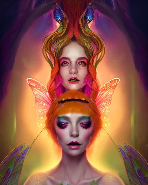 Image similar to portrait, stunningly beautiful female faerie priestess in amanita muscaria forest landscape, symmetrical wings on back, neon hair, wearing a dress of gossamer gold, inner glow, illustration, dramatic lighting, soft details, painting, art nouveau, octane render, 8 k, hd, by brom, faces by otto schmidt