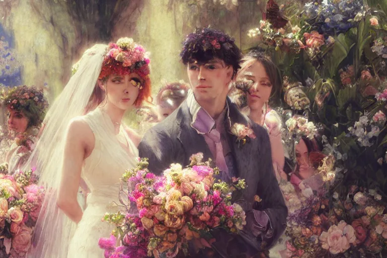 Image similar to the groom look at the bride at a wedding full of flowers, bright and happy, dreamlike art, highly detail, 4 k realistic, wedding photoy krenz cushart, artem demura, yoji shinkawa artgerm, jon lothian, danilo torres. adi meyers. thomas reimann. gaston bussiere.