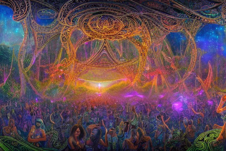 Prompt: a beautiful and highly detailed digital painting of psytrance festival in a secret valley, psychedelic patterns, intricate details, epic scale, 8 k, sharp focus, photorealism, artstation, cgsociety, by caspar friedrich, james gurney, alex grey, brian froud,