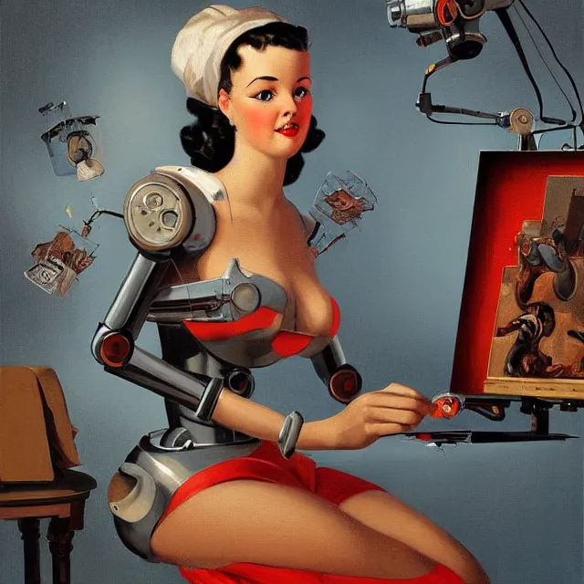 Prompt: robot artist painting a self - portrait on a canvas. intricate, highly detailed, digital matte painting in the style of gil elvgren and in the style of alexandria pyromallis. irony, recursion, inspiration.