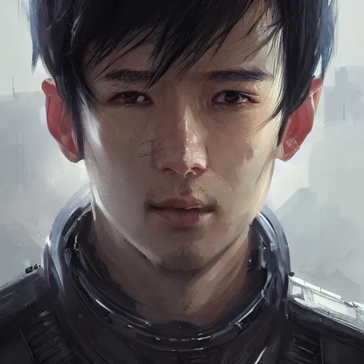 Prompt: Portrait of a man by Greg Rutkowski, he is about 20 years old, japanese, short black hair with bangs, young, manly, attractive, slim, he is wearing futuristic military fatigues, highly detailed portrait, scifi, digital painting, artstation, concept art, smooth, sharp foccus ilustration, Artstation HQ