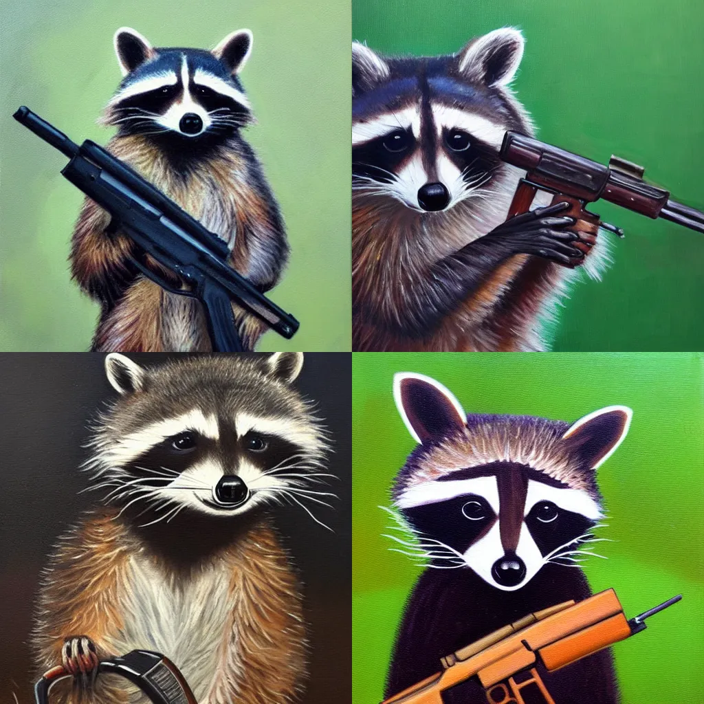 Prompt: an oil painting of a raccoon holding an AK-47