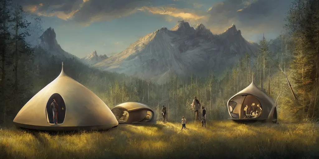 Image similar to cabela's tent futuristic pop up family pod, cabin, modular, person in foreground, mountainous forested wilderness open fields, beautiful views, painterly concept art, joanna gaines, environmental concept art, farmhouse, magnolia, concept art illustration by ross tran, by james gurney, by craig mullins, by greg rutkowski trending on artstation