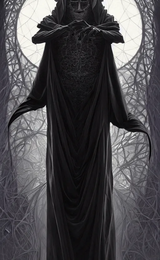 Image similar to Faceless creature wearing a black robe, it's face has been replaced by a fractal singularity of shifting patterns. fantasy, highly detailed, digital painting, artstation, concept art, smooth, sharp focus, illustration, art by artgerm and greg rutkowski and alphonse mucha