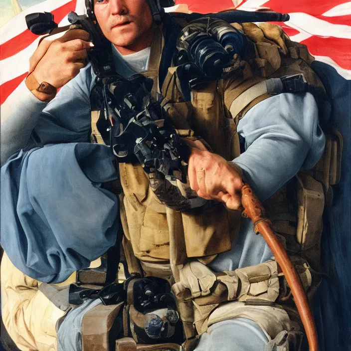 Image similar to us navy seal on aircraft carrier, fine art portrait painting, kodak portra, 8 k, soft light, clean lines, fashion photography, albrecht durer, caravaggio, diego velazquez, johannes vermeer