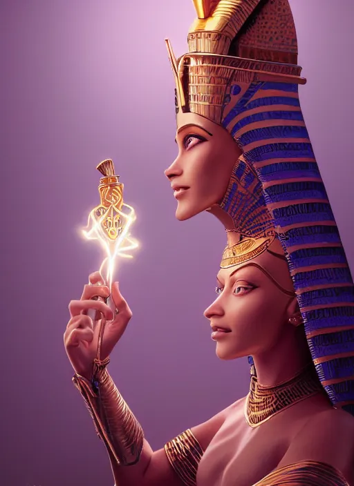 Image similar to an anthropomorphic beautiful female wizard of pharaoh holding magic wand portrait wearing robe, fine art, award winning, intricate, elegant, sharp focus, octane render, hyperrealistic, cinematic lighting, highly detailed, digital painting, 8 k concept art, art by jamie hewlett and z. w. gu, masterpiece, trending on artstation, 8 k