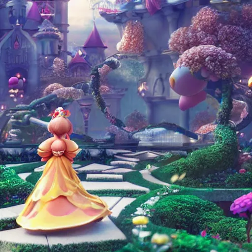 Prompt: mario and peach, fairy tale, stunning, surrounding cinematic light, hyper detailed, ornate and intricate, 4 k cinematic octane render