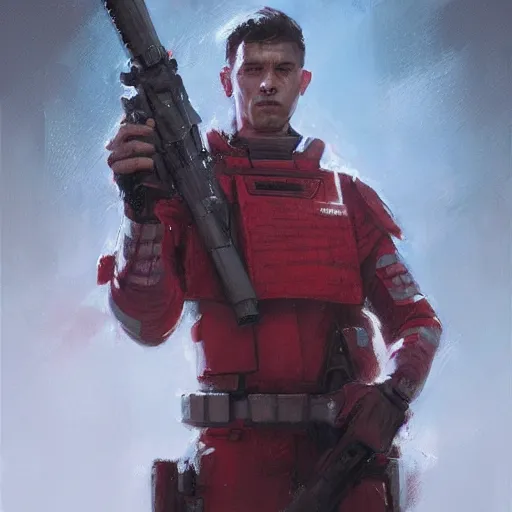 Image similar to portrait of a man by greg rutkowski, a soldier of the galactic triunvirate wearing a red and white tactical gear, star wars expanded universe, highly detailed portrait, digital painting, artstation, concept art, smooth, sharp foccus ilustration, artstation hq