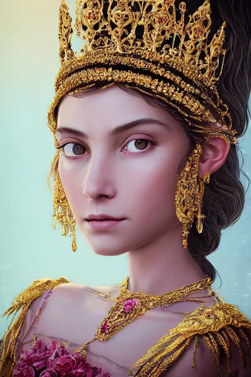 Image similar to beautiful very detailed portrait of a young princess with lots of jewelry in the face, full body, in the background there is a minimalistic palace, digital art , dramatic cinematic lighting rendered by octane, 8k, detailed, intricate, clean and textures, trending on artstation, treanding on deviantart, trending on cgsociety, pinterest, by Lauren Brevner + yasutomo oka