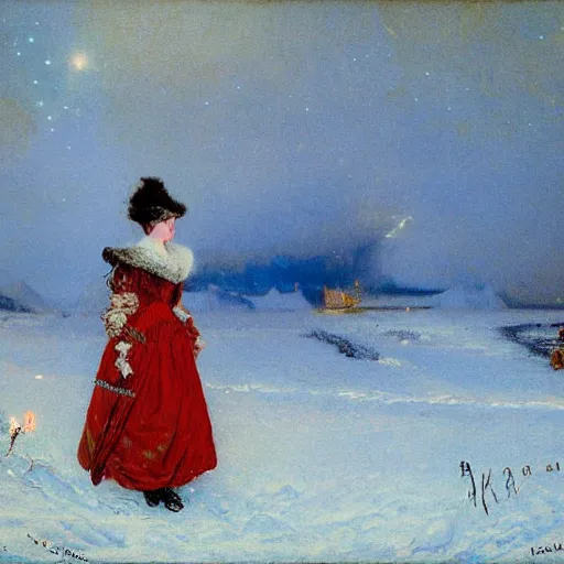 Image similar to victorian lady adventurer seeing the polar lights, by alfred stevens